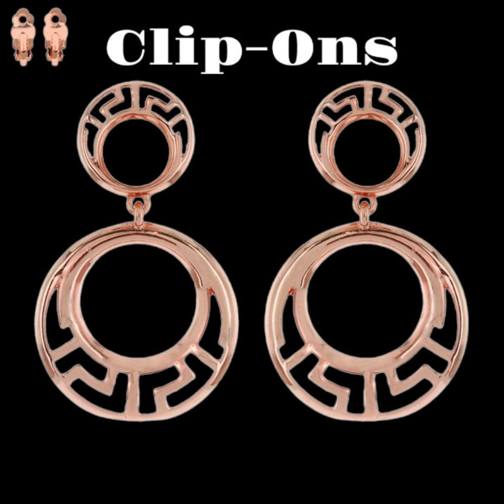 139. 2-Tier Greek Key Square Open Disc Clip-On Earrings, Rose Gold